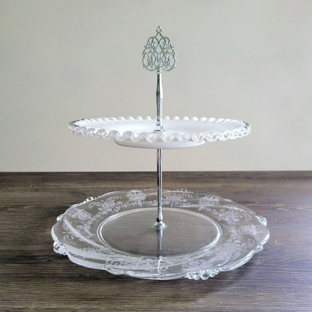 Mismatched Vintage 2-Tiered Glass Dessert Stand Fenton Silver Crest & Heisey - Picture 2 of 16